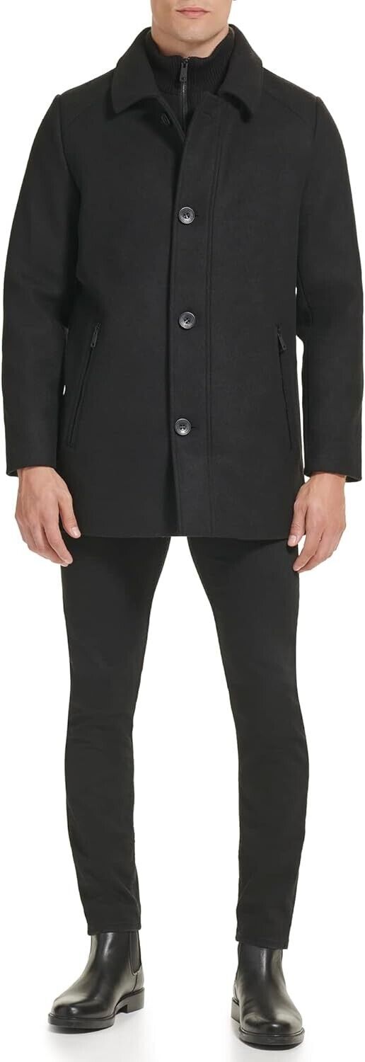 Kenneth Cole Men's Wool Single Breast Front Inner Quilted Wing Collar Coat BLK M